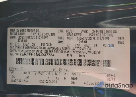 2021 Ford Ranger Xlt из США, поврежденный, VIN 1FTER4FH1MLD37734